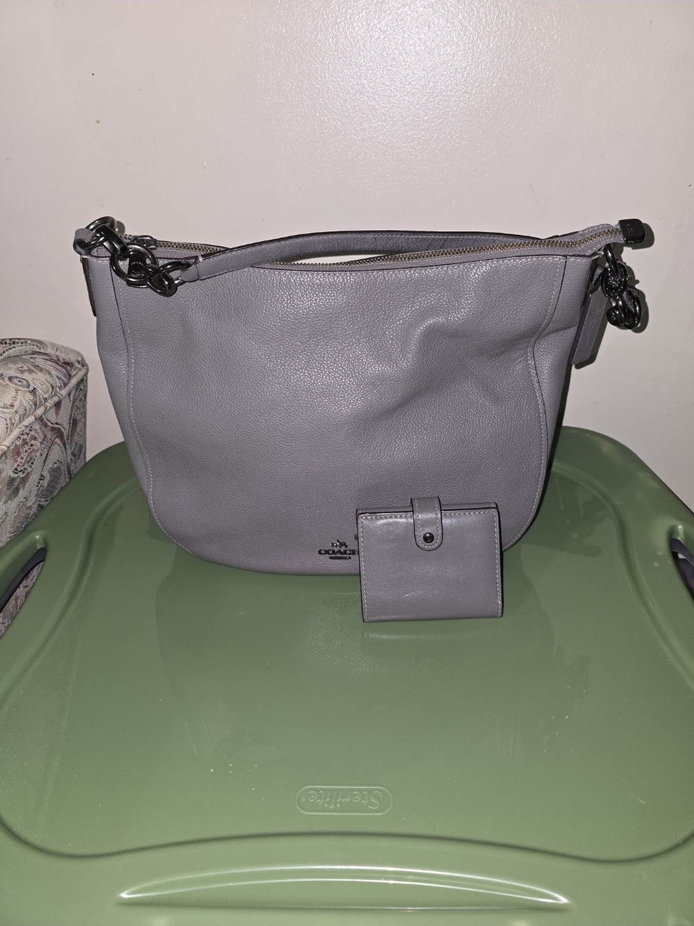 Coach Gray Pebbled Leather Shoulder Bag with Card Case